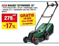 Promoties Bosch accu maaier citymower 18 - Bosch - Geldig van 05/06/2024 tot 16/06/2024 bij Hubo