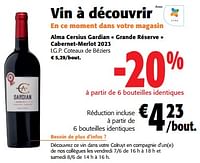 Promotions Alma cersius gardian grande réserve cabernet-merlot 2023 i.g.p. coteaux de béziers - Vins rouges - Valide de 05/06/2024 à 18/06/2024 chez Colruyt