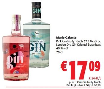 Promotions Marie galante pink gin fruity touch ou london dry gin oriental botanicals - Marie Galante - Valide de 05/06/2024 à 18/06/2024 chez Colruyt