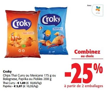 Promotions Croky chips thai curry ou mexicano ou bolognese, paprika ou pickles - Croky - Valide de 05/06/2024 à 18/06/2024 chez Colruyt