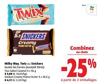 Promotions Milky way, twix ou snickers toutes les barres - Produit maison - Colruyt - Valide de 05/06/2024 à 18/06/2024 chez Colruyt