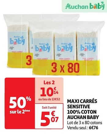 Promotions Maxi carrés sensitive 100% coton auchan baby - Produit Maison - Auchan Ronq - Valide de 04/06/2024 à 16/06/2024 chez Auchan Ronq