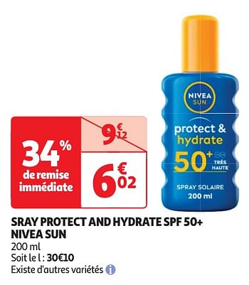 Promotions Sray protect and hydrate spf 50+ nivea sun - Nivea - Valide de 04/06/2024 à 16/06/2024 chez Auchan Ronq
