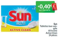 Promotions Sun tablettes lave-vaisselle all in one active clean - Sun - Valide de 01/06/2024 à 30/06/2024 chez Intermarche
