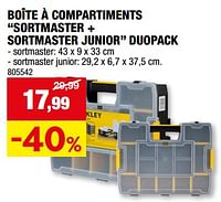 Promotions Boîte à compartiments sortmaster + sortmaster junior duopack - Stanley - Valide de 05/06/2024 à 16/06/2024 chez Hubo