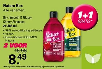 Promoties Smooth + glossy cherry shampoo - Nature Box - Geldig van 29/05/2024 tot 15/06/2024 bij De Online Drogist