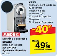 Promotions Medek machine à espresso blanche - Medek - Valide de 05/06/2024 à 17/06/2024 chez Carrefour