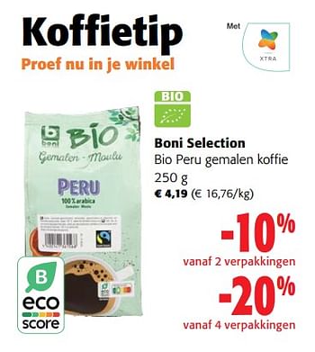 Promoties Boni selection bio peru gemalen koffie - Boni - Geldig van 05/06/2024 tot 18/06/2024 bij Colruyt
