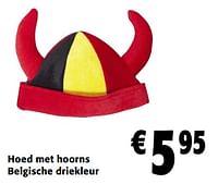 Promoties Hoed met hoorns belgische driekleur - Huismerk - Colruyt - Geldig van 05/06/2024 tot 18/06/2024 bij Colruyt