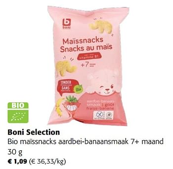 Promoties Boni selection bio maïssnacks aardbei-banaansmaak 7+ maand - Boni - Geldig van 05/06/2024 tot 18/06/2024 bij Colruyt