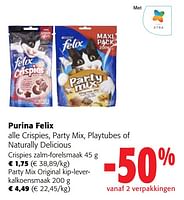 Promoties Purina felix alle crispies, party mix, playtubes of naturally delicious - Purina - Geldig van 05/06/2024 tot 18/06/2024 bij Colruyt
