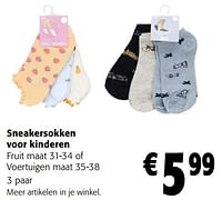 Promoties Sneakersokken voor kinderen fruit maat 31-34 of voertuigen maat 35-38 3 paar - Huismerk - Colruyt - Geldig van 05/06/2024 tot 18/06/2024 bij Colruyt