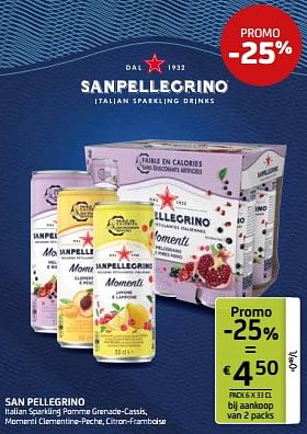 Promoties San pellegrino italian sparkling pomme grenade-cassis, momenti clementine-peche, citron-framboise - San Pellegrino - Geldig van 07/06/2024 tot 20/06/2024 bij BelBev