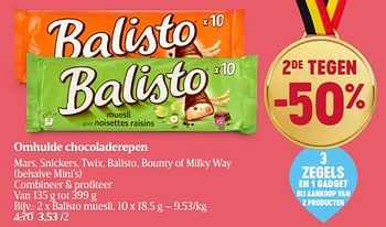Promoties Omhulde chocoladerepen balisto muesli - Balisto - Geldig van 13/06/2024 tot 19/06/2024 bij Delhaize