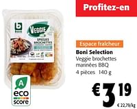 Promotions Boni selection veggie brochettes marinées bbq - Boni - Valide de 05/06/2024 à 18/06/2024 chez Colruyt
