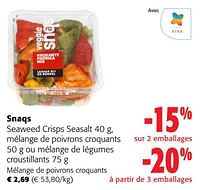 Promotions Snaqs seaweed crisps seasalt, mélange de poivrons croquants ou mélange de légumes croustillants - Snaqs - Valide de 05/06/2024 à 18/06/2024 chez Colruyt