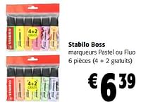 Promotions Stabilo boss marqueurs pastel ou fluo - Stabilo - Valide de 05/06/2024 à 18/06/2024 chez Colruyt