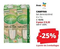 Promotions Campina lait demi-écrémé - Campina - Valide de 06/06/2024 à 19/06/2024 chez Spar (Colruytgroup)