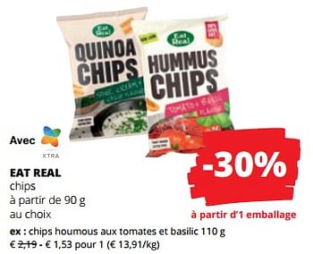 Promotions Eat real chips houmous aux tomates et basilic - Eat Real - Valide de 06/06/2024 à 19/06/2024 chez Spar (Colruytgroup)