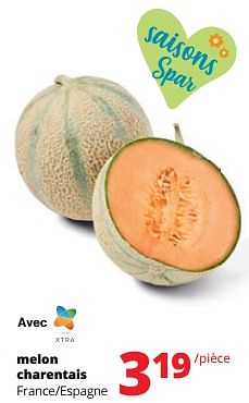 Promotions Melon charentais - Produit Maison - Spar Retail - Valide de 06/06/2024 à 19/06/2024 chez Spar (Colruytgroup)