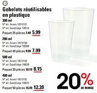 Promotions Gobelets réutilisables en plastique - Produit Maison - Sligro - Valide de 06/06/2024 à 24/06/2024 chez Sligro