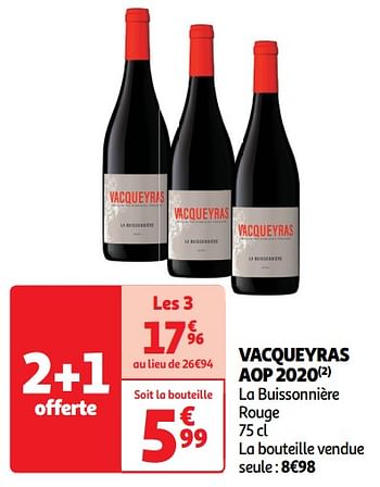 Promoties Vacqueyras aop 2020 la buissonnière rouge - Rode wijnen - Geldig van 11/06/2024 tot 16/06/2024 bij Auchan