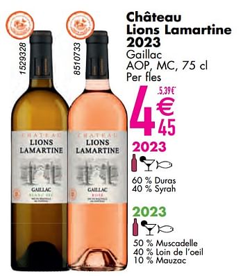 Promoties Château lions lamartine 2023 gaillac aop mc - Witte wijnen - Geldig van 11/06/2024 tot 07/08/2024 bij Cora