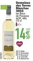 Promoties Domaines des terres blanches 2023 les baux de provence aop md - Witte wijnen - Geldig van 11/06/2024 tot 07/08/2024 bij Cora
