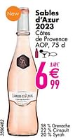 Promoties Sables d’azur 2023 côtes de provence aop - Rosé wijnen - Geldig van 11/06/2024 tot 07/08/2024 bij Cora