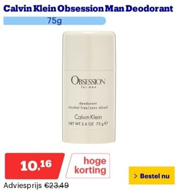 Promoties Calvin klein obsession man deodorant - Calvin Klein - Geldig van 10/06/2024 tot 16/06/2024 bij Bol.com