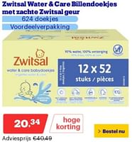 Promoties Zwitsal water + care billendoekjes met zachte zwitsal geur - Zwitsal - Geldig van 10/06/2024 tot 16/06/2024 bij Bol.com