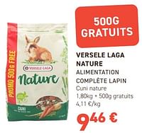 Promotions Versele laga nature alimentation complète lapin - Versele-Laga - Valide de 12/06/2024 à 23/06/2024 chez Tom&Co