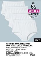 Promotions Lot de 4 culottes maxi, pointelle pur coton peigné - Produit Maison - Damart - Valide de 01/06/2024 à 16/06/2024 chez Damart