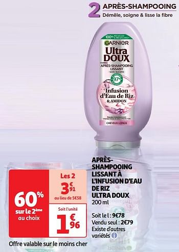 Promoties Aprèsshampooing lissant à l`infusion d`eau de riz ultra doux - Garnier - Geldig van 11/06/2024 tot 17/06/2024 bij Auchan