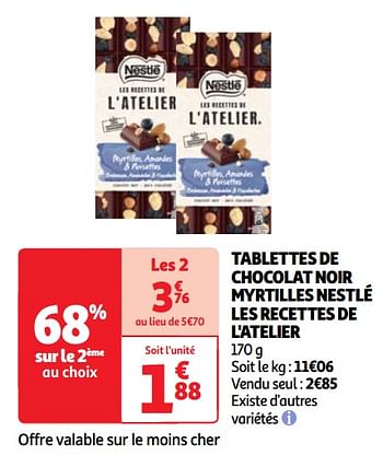 Promoties Tablettes de chocolat noir myrtilles nestlé les recettes de l`atelier - Nestlé - Geldig van 11/06/2024 tot 17/06/2024 bij Auchan