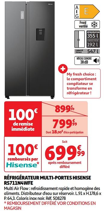 Promoties Réfrigérateur multi-portes hisense rs711n4wfe - Hisense - Geldig van 11/06/2024 tot 17/06/2024 bij Auchan