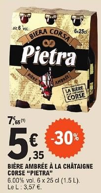 Promotions Bière ambrée à la châtaigne corse pietra - Pietra - Valide de 11/06/2024 à 22/06/2024 chez E.Leclerc