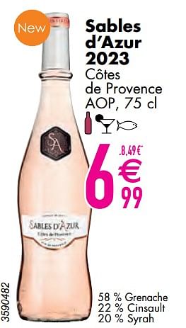 Promotions Sables d’azur 2023 côtes de provence aop - Vins rosé - Valide de 11/06/2024 à 07/08/2024 chez Cora