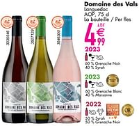 Promotions Domaine des vals languedoc aop - Vins rouges - Valide de 11/06/2024 à 07/08/2024 chez Cora