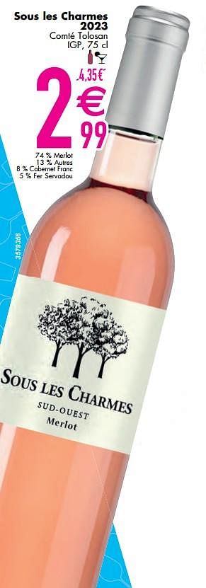 Promotions Sous les charmes 2023 comté tolosan igp - Vins rosé - Valide de 11/06/2024 à 07/08/2024 chez Cora