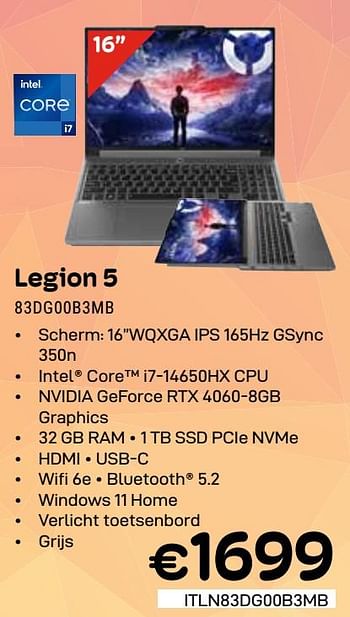 Promoties Lenovo legion 5 83dg00b3mb - Lenovo - Geldig van 01/06/2024 tot 30/06/2024 bij Compudeals