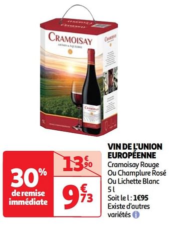 Promotions Vin de l`union européenne cramoisay rouge ou champlure rosé ou lichette blanc - Vins rouges - Valide de 11/06/2024 à 17/06/2024 chez Auchan Ronq