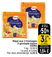 Promotions Râpé aux 3 fromages 3 geraspte kazen cora - Produit maison - Cora - Valide de 11/06/2024 à 07/08/2024 chez Cora