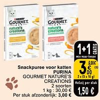 Promoties Snackpuree voor katten purina gourmet nature’s creations - Purina - Geldig van 11/06/2024 tot 17/06/2024 bij Cora