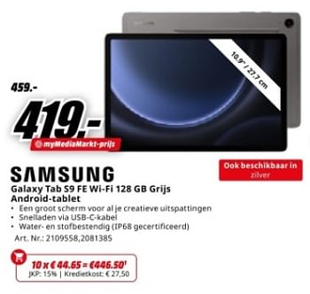 Promoties Samsung galaxy tab s9 fe wi-fi 128 gb grijs android-tablet - Samsung - Geldig van 17/06/2024 tot 30/06/2024 bij Media Markt