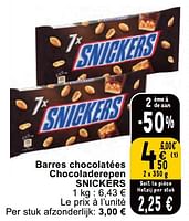 Promotions Barres chocolatées chocoladerepen snickers - Snickers - Valide de 11/06/2024 à 17/06/2024 chez Cora