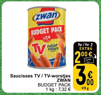 Promotions Saucisses tv - tv-worstjes zwan budget pack - Zwan - Valide de 11/06/2024 à 17/06/2024 chez Cora
