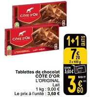 Promotions Tablettes de chocolat cote d’or l’original - Cote D'Or - Valide de 18/06/2024 à 24/06/2024 chez Cora