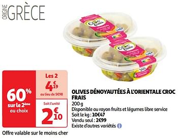 Promoties Olives dénoyautées à l`orientale croc frais - Croc Frais - Geldig van 18/06/2024 tot 24/06/2024 bij Auchan
