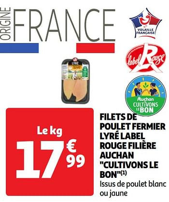Promoties Filets de poulet fermier lyré label rouge filière auchan - Huismerk - Auchan - Geldig van 18/06/2024 tot 24/06/2024 bij Auchan
